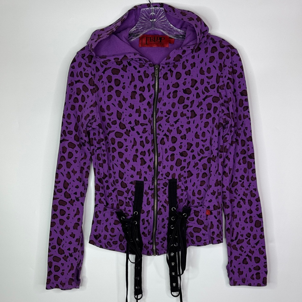 Tripp Purple Leopard Print Full Zip Hooded Sweatshirt Size Large